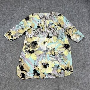 Fig And Flower Shirt Womens L Multicolor Floral 3/4 Sleeve Henley Tunic Top